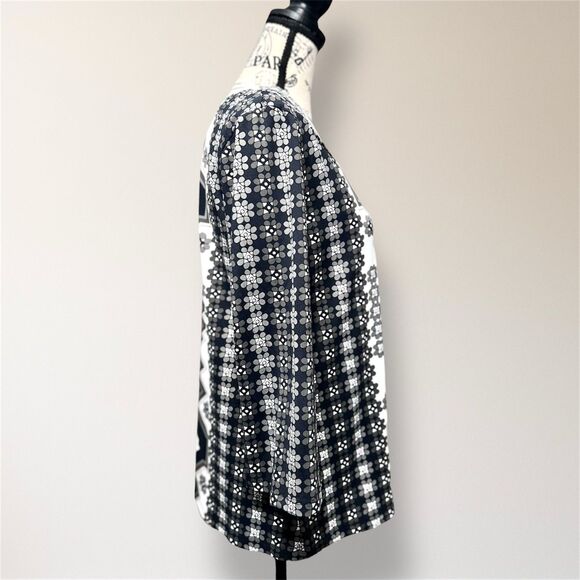 J.McLaughlin M Black White Floral Geometric Catalina Long Sleeve Artsy Top - Picture 3 of 7